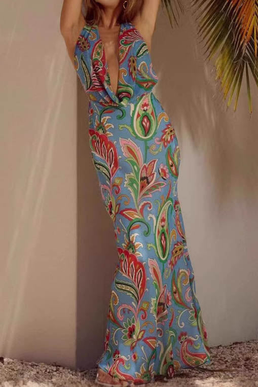 Verdant Shadows – Florales Resort-Langes Kleid