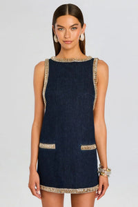 Marineblaues Denim-Kurzes Kleid mit Kristallbesatz
