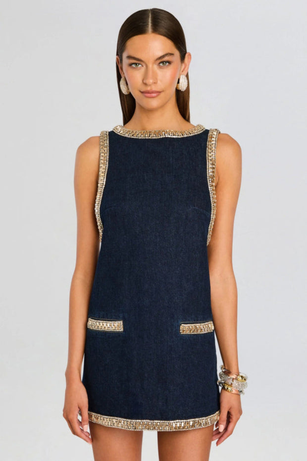Marineblaues Denim-Kurzes Kleid mit Kristallbesatz