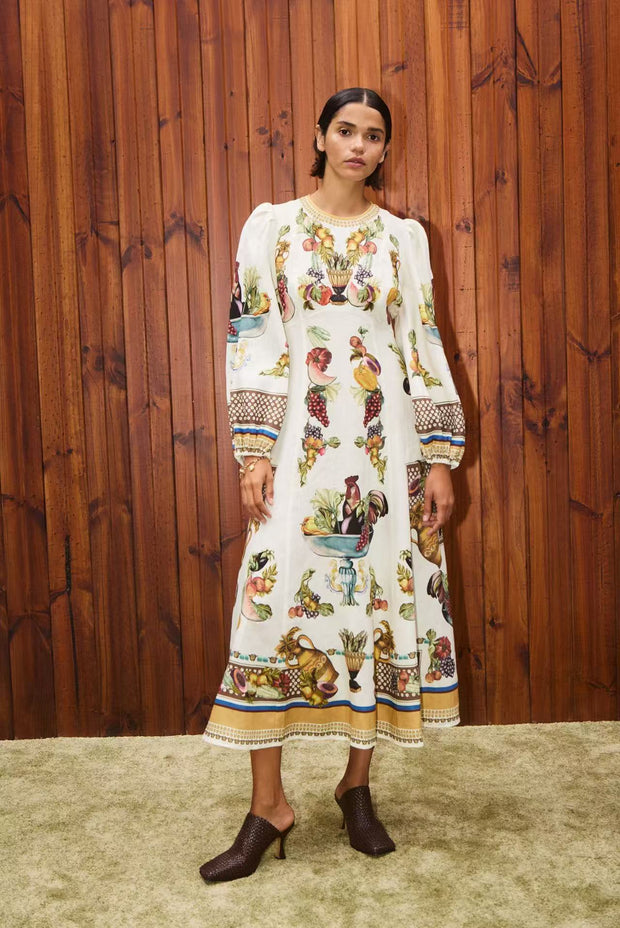 Marcella – Langes Kleid mit Ballonärmeln und Animalprint