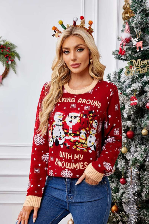 Lässiger, bestickter Pullover mit Rundhals – Weihnachtsmann und Pinguin