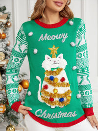 Weihnachtspullover langärmelig und Rundhalsausschnitt mit Katzenapplikation