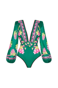 Retro Badeanzug-Set mit tiefem V-Ausschnitt und langem Arm, bedruckt im modernen Stil