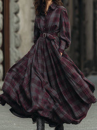 Retro elegantes Langes Kleid mit Karo-Muster, Laternenärmeln und Gürtel