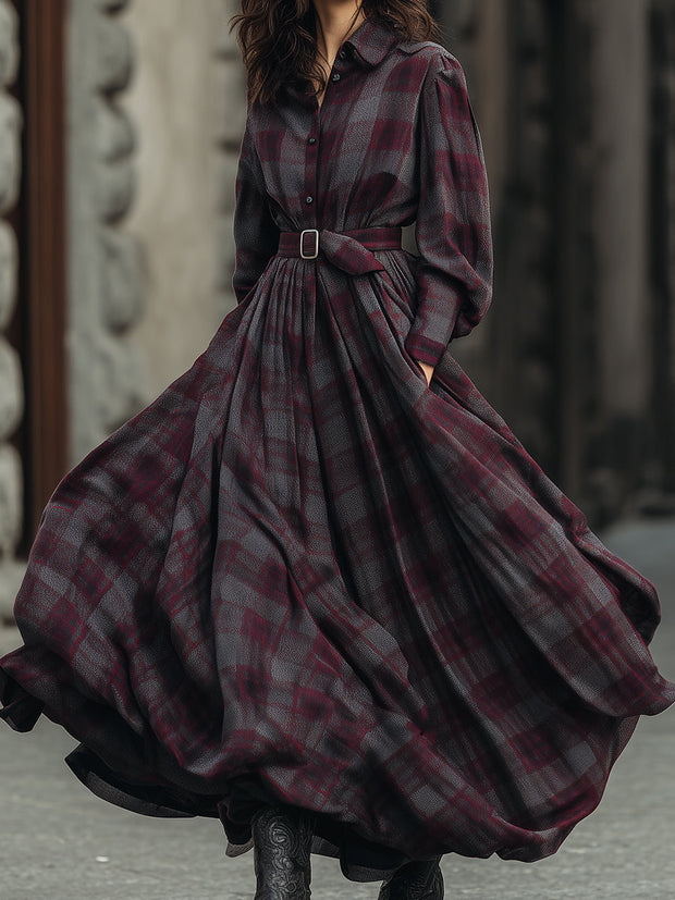 Retro elegantes Langes Kleid mit Karo-Muster, Laternenärmeln und Gürtel