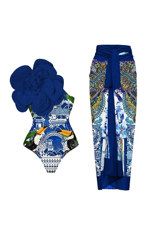 Blauer 3D-Blumenverzierter Badeanzug im modernen Stil