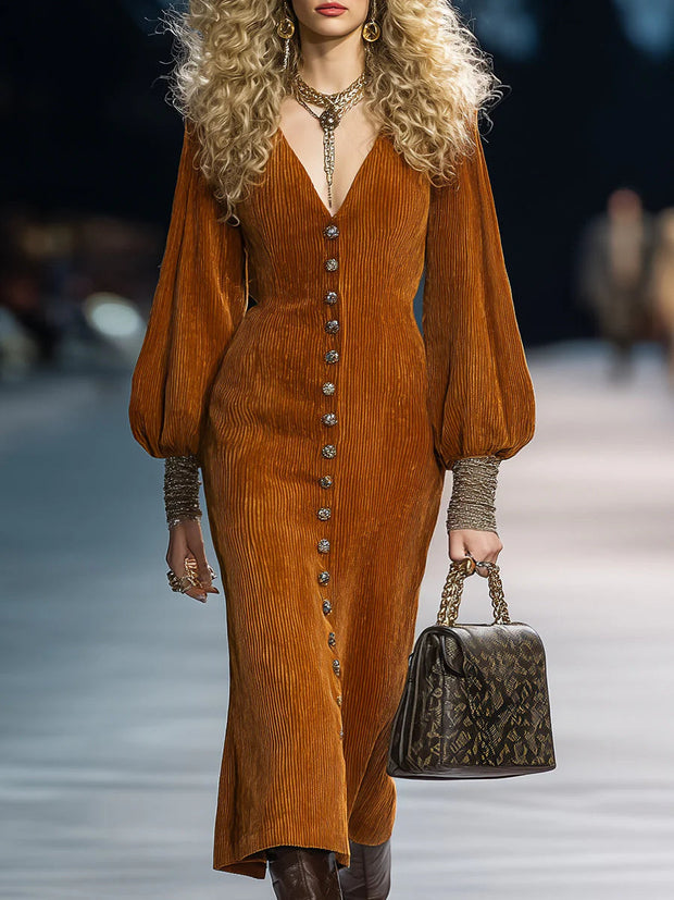 Vintage Kleid aus Kord in Karamellbraun mit Puffärmeln und Knopfleiste, Midi-Länge im modernen Stil