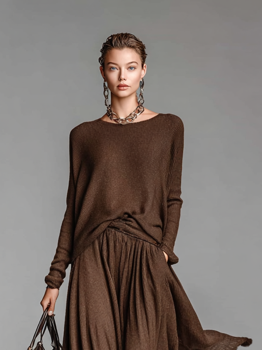 Damenmode Rundhals Pullover aus Strick und Rock Set