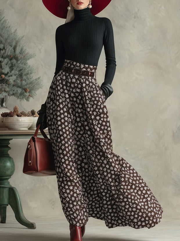 Elegantes Retro-Set mit schwarzem Rollkragenoberteil und braunem Rock mit Schneeflockenmuster im modernen Stil