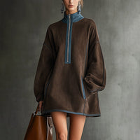 Herbst- und Winterkleid im Western-Retro-Stil aus Wildlederstoff, locker, mit Stehkragen und Reißverschluss-Dekoration