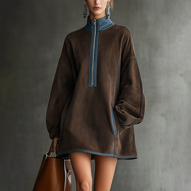 Herbst- und Winterkleid im Western-Retro-Stil aus Wildlederstoff, locker, mit Stehkragen und Reißverschluss-Dekoration