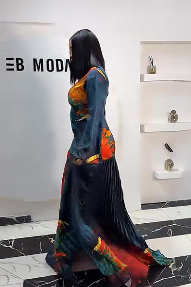 Sonnenblumen-Gold Plissiertes Langes Kleid