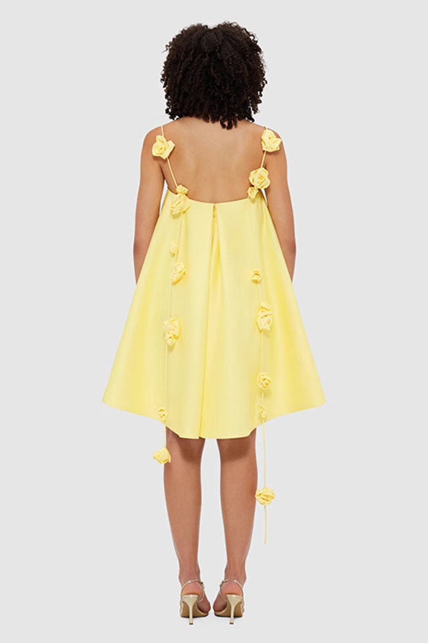 Gelbes 3D-Blumenmuster locker sitzendes kurzes Kleid im modernen Stil