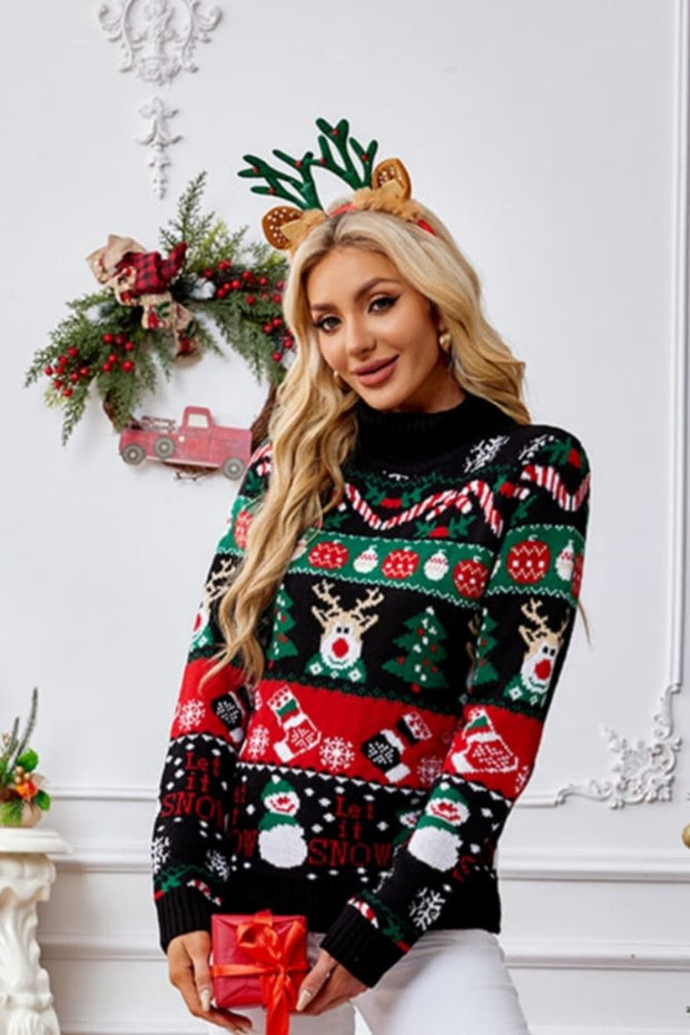 Hochgeschlossener Pullover mit weihnachtlicher Schneemann-Stickerei im modernen Stil