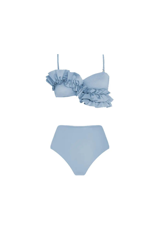 Französisches Rüschen-Bikini-Set in Uni-Farbe im modernen Stil
