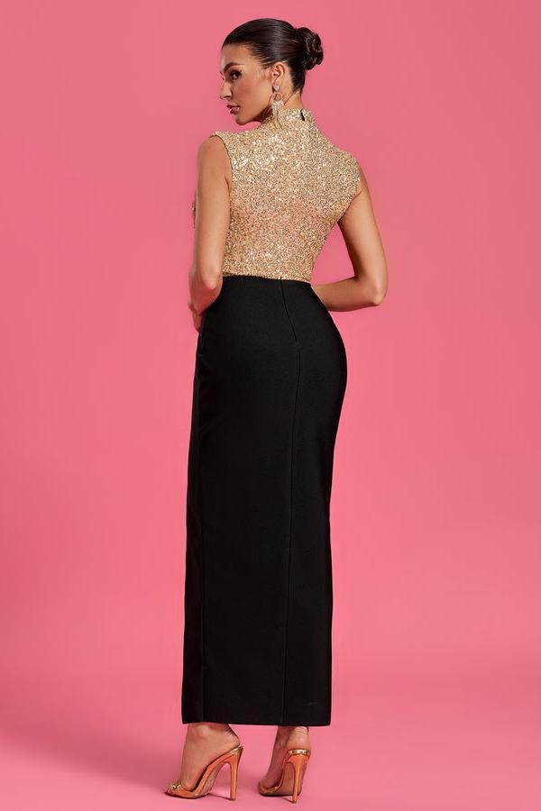 Langes Kleid mit Pailletten-Kontrast
