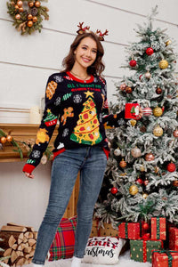 Lässiger, bestickter Weihnachtsbaumpullover mit Rundhals