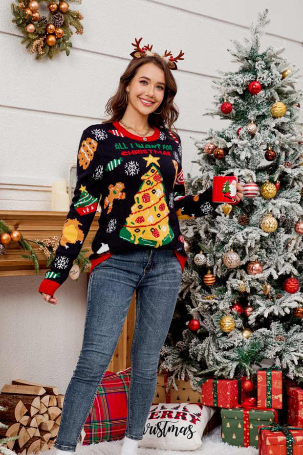 Lässiger, bestickter Weihnachtsbaumpullover mit Rundhals