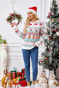 Locker sitzender Rundhals-Weihnachts-Cartoon-Pullover aus Strick – Rosa