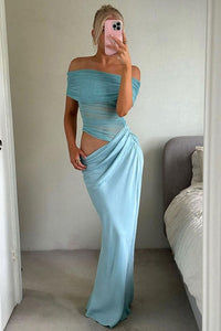Maxikleid mit transparentem Netzstoff und schulterfreiem Schnitt