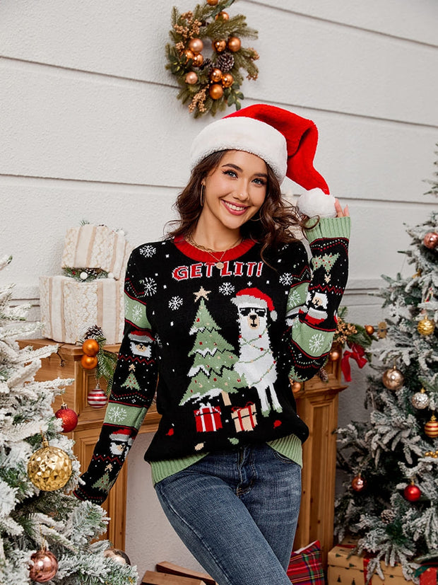 Bestickter Strickpullover mit Rundhals – Alpaka und Weihnachtsbaum