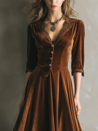 Vintage Kleid in Midi-Länge aus Samt mit Spitzen und Dreiviertelärmeln