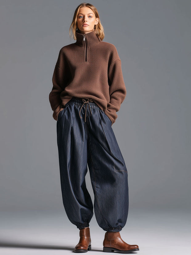 Modische Retro-Jeans mit elastischem Bund in Marineblau und Laternenform im modernen Stil