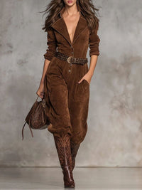 Brauner Wildleder-Overall mit Revers und Knöpfen