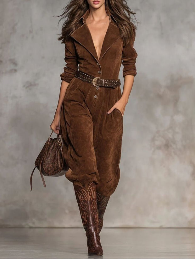 Brauner Wildleder-Overall mit Revers und Knöpfen