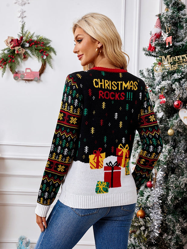Strickpullover mit Rundhals und Stickerei – Weihnachtsmann und Musiknoten