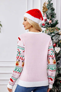 Locker sitzender Rundhals-Weihnachts-Cartoon-Pullover aus Strick – Rosa