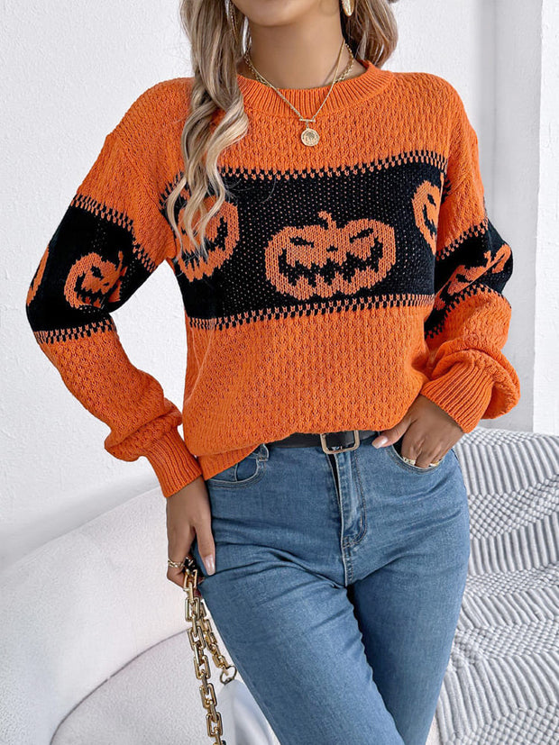 Halloween-Kürbiskopf-Farbblock-Strickpullover mit Rundhals