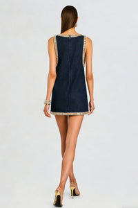 Marineblaues Denim-Kurzes Kleid mit Kristallbesatz