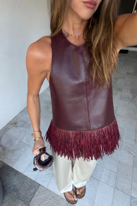 Bordeauxrotes Leder-Halfter mit Fransen-Oberteil