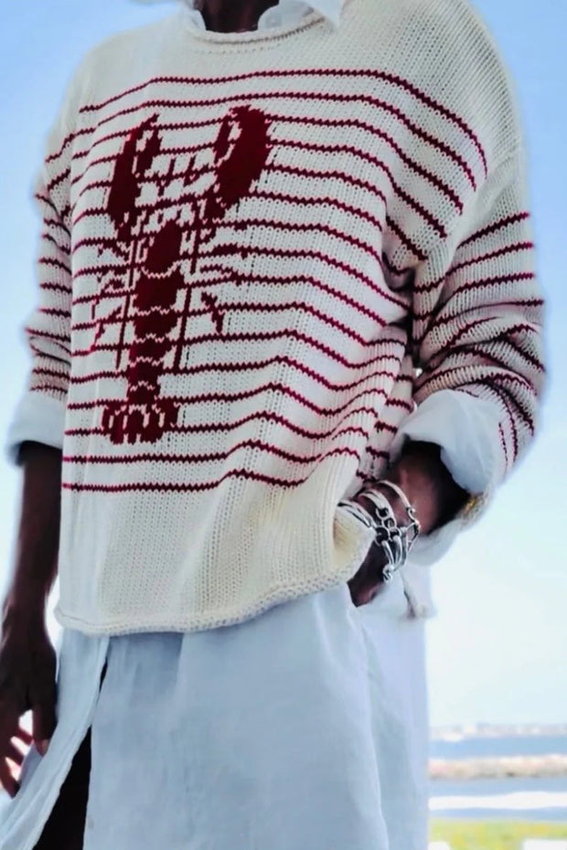 Pullover mit Hummer-Motiv in Creme und Rot gestreift im modernen Stil