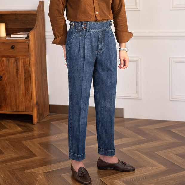 Hose aus Denim mit geradem Schnitt und Bundfalten im Vintage-Stil