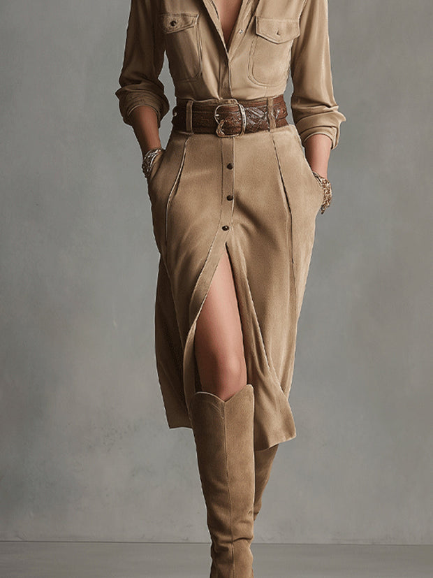 Midi-Kleid aus braunem modischem Wildleder