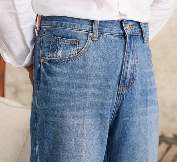 Hose aus Baumwolle und Denim mit geradem Schnitt und Bundfalten