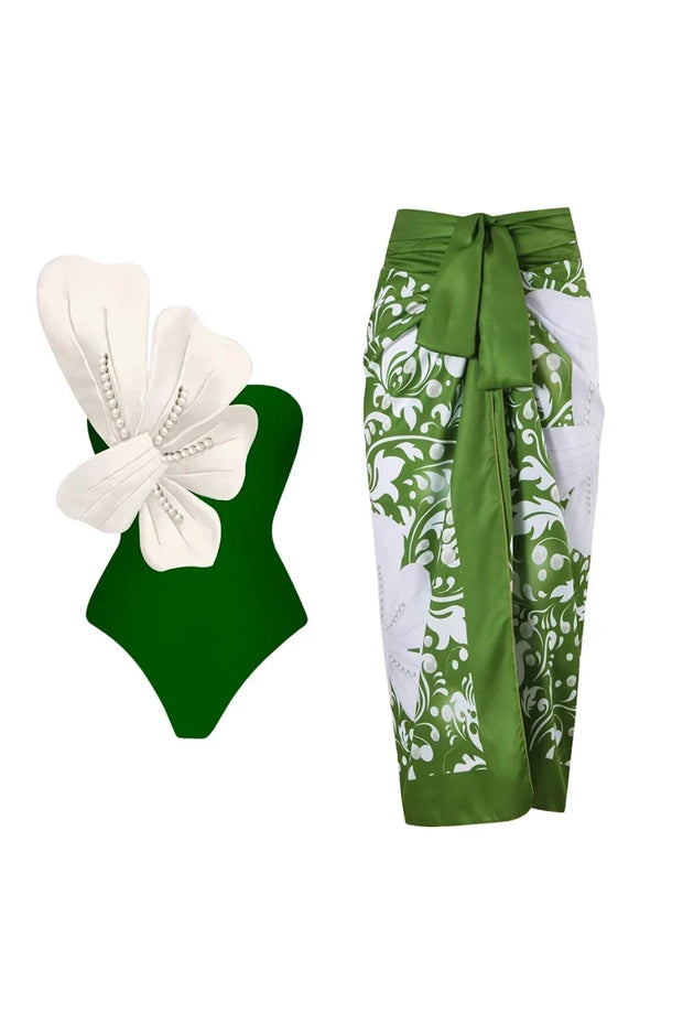 Grünes Badeanzug-Set mit Perlen- und Blumenverzierung im modernen Stil