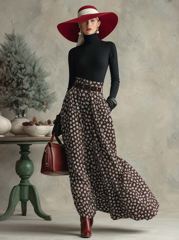 Elegantes Retro-Set mit schwarzem Rollkragenoberteil und braunem Rock mit Schneeflockenmuster im modernen Stil