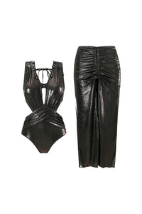 Schwarzer Badeanzug mit Pailletten-Applikation, Cut-out und glänzendem Finish im modernen Stil