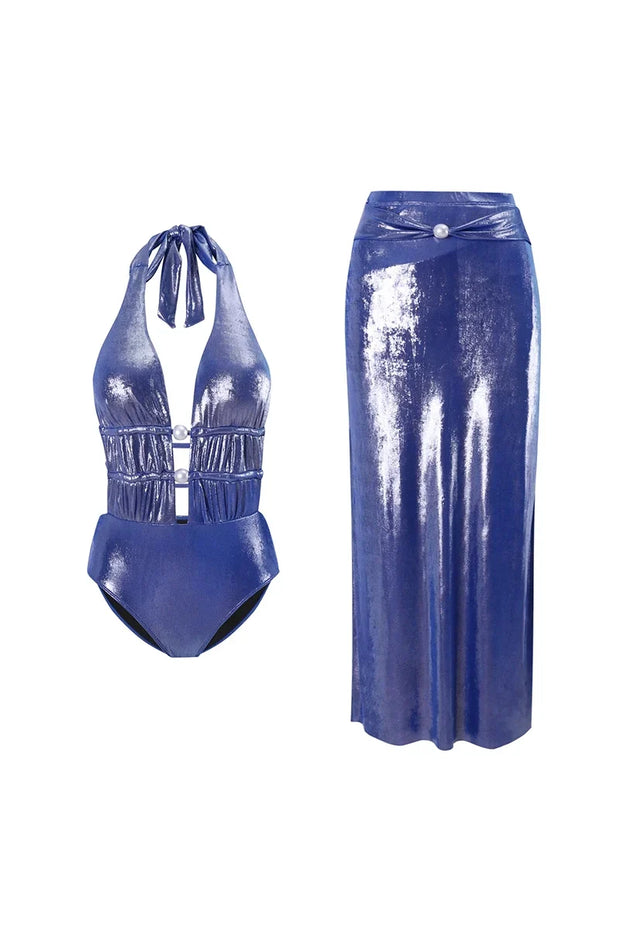 Glänzender Nebel Deep V Neck Neckholder Badeanzug mit Perlen im modernen Stil