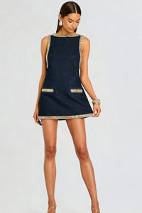 Marineblaues Denim-Kurzes Kleid mit Kristallbesatz