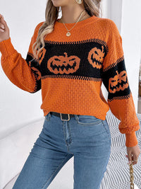 Halloween-Kürbiskopf-Farbblock-Strickpullover mit Rundhals
