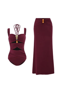 Bordeauxroter Boho Badeanzug mit Perlen und Ausschnitten Set im modernen Stil