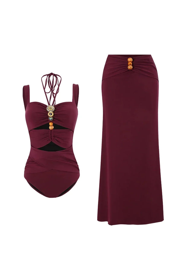 Bordeauxroter Boho Badeanzug mit Perlen und Ausschnitten Set im modernen Stil