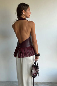 Bordeauxrotes Leder-Halfter mit Fransen-Oberteil