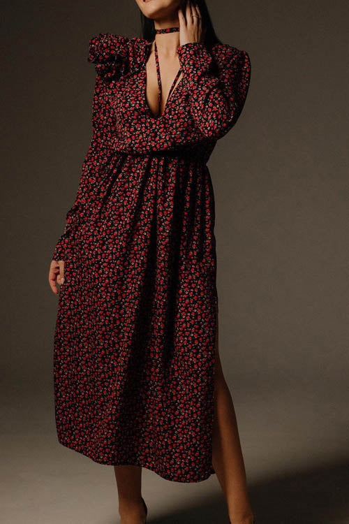 Bertha Blumen Midikleid mit V-Ausschnitt