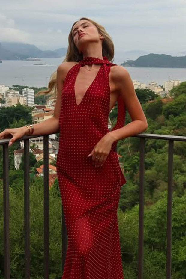 Punktmuster Neckholder-Kleid mit Farbblock