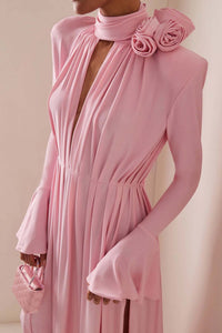 Luxuriöses Vintage Langes Kleid mit Cut-Out, tiefem V-Ausschnitt, Neckholder und 3D-Blumenmuster